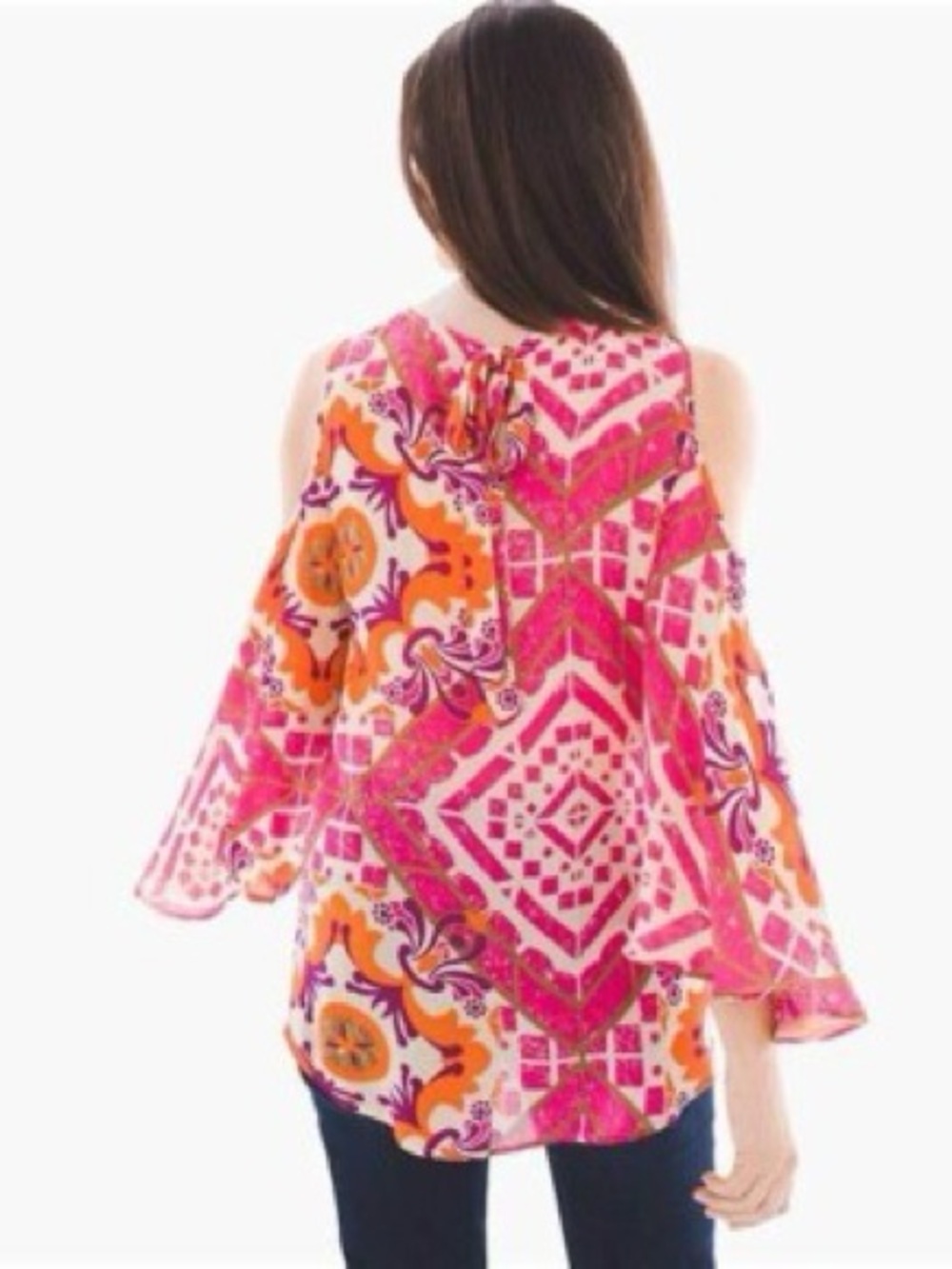 # Chico's XXL “Vibrant Tiles” Cold-Shoulder Printed Blouse in Europa Pink